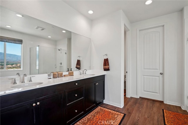 bathroom with a shower with shower door, double sink vanity, a mountain view, and hardwood / wood-style floors