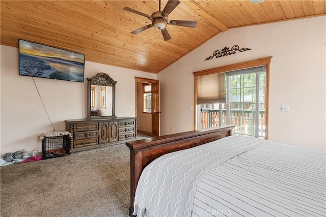 bedroom with carpet, access to outside, vaulted ceiling, ceiling fan, and wooden ceiling