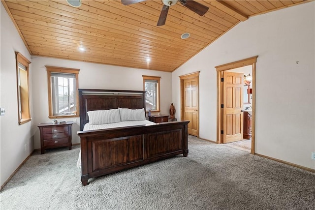 carpeted bedroom with ceiling fan, wood ceiling, and lofted ceiling