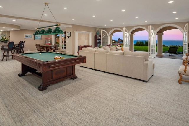 game room with light colored carpet and billiards