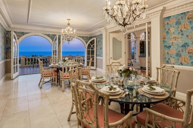 dining area featuring french doors, crown molding, light tile patterned floors, a water view, and a chandelier