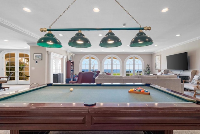 recreation room featuring a wealth of natural light, french doors, and pool table