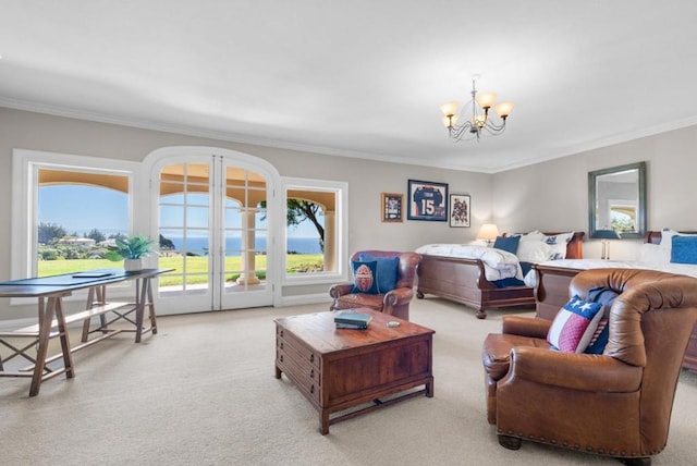 bedroom featuring access to exterior, crown molding, light colored carpet, and an inviting chandelier