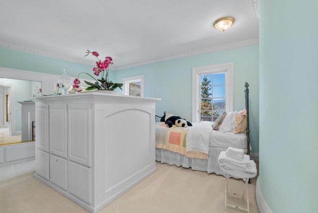 bedroom featuring light colored carpet and crown molding