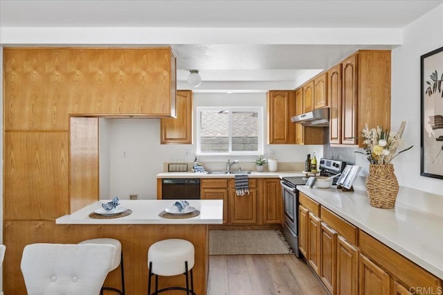 kitchen featuring a kitchen breakfast bar, light wood-type flooring, sink, dishwasher, and stainless steel range with electric cooktop