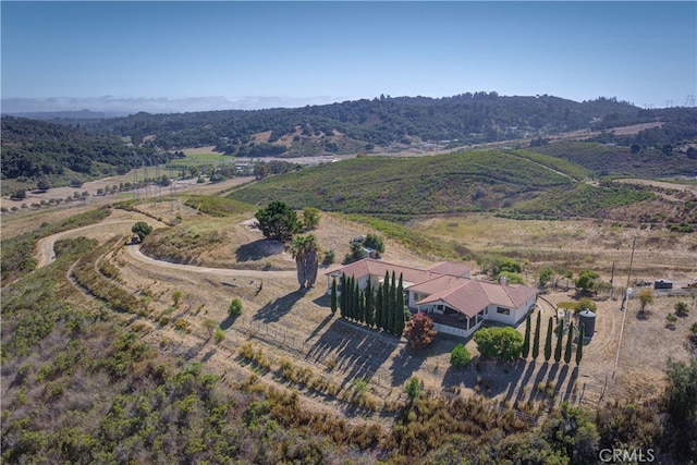 birds eye view of property featuring a mountain view and a rural view