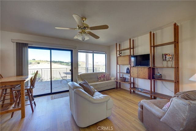 living room with ceiling fan, light hardwood / wood-style flooring, and a wealth of natural light