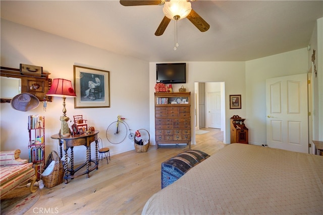 bedroom featuring ceiling fan and light hardwood / wood-style flooring