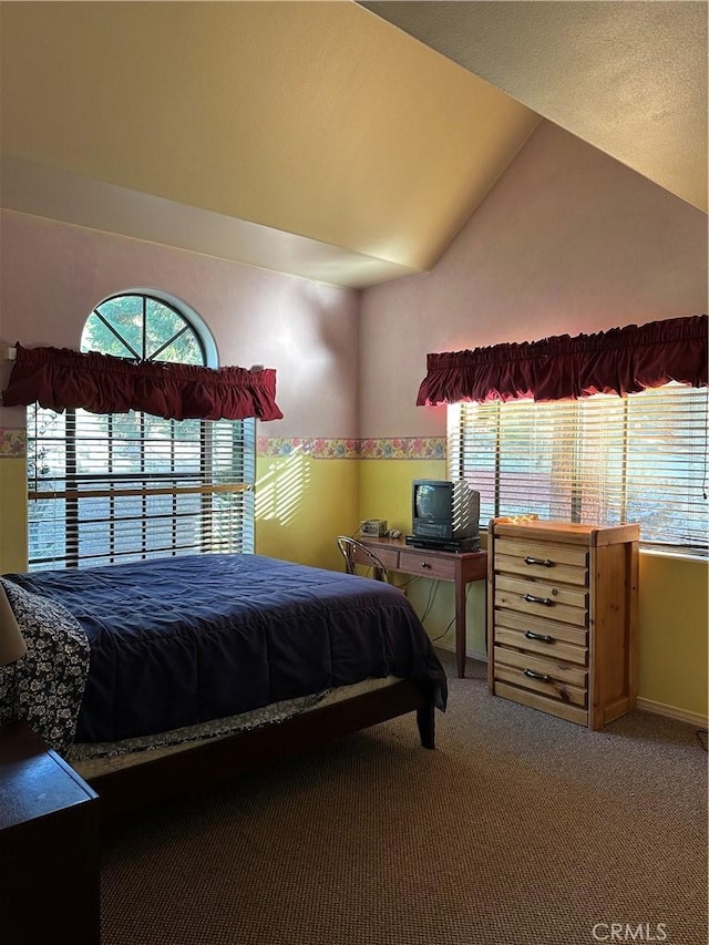 bedroom with carpet floors and vaulted ceiling