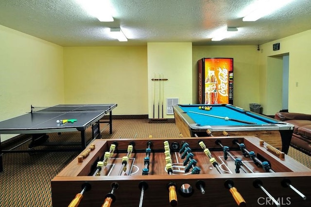 playroom with carpet flooring, a textured ceiling, and billiards