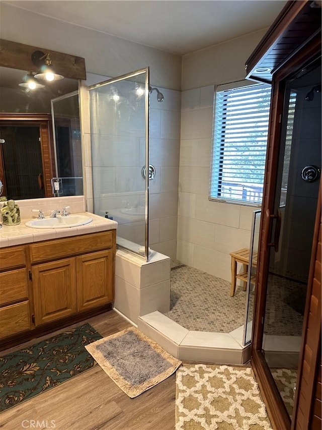 bathroom featuring vanity, wood-type flooring, and a shower with shower door