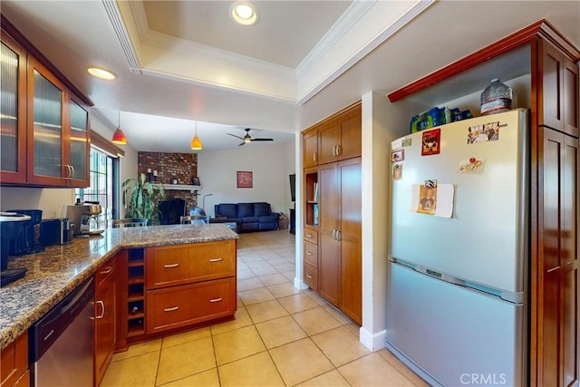 kitchen featuring pendant lighting, dishwasher, refrigerator, ceiling fan, and crown molding