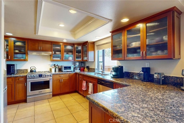 kitchen with sink, crown molding, a tray ceiling, light tile patterned flooring, and stainless steel appliances