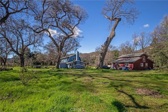 view of yard with a mountain view and an outbuilding