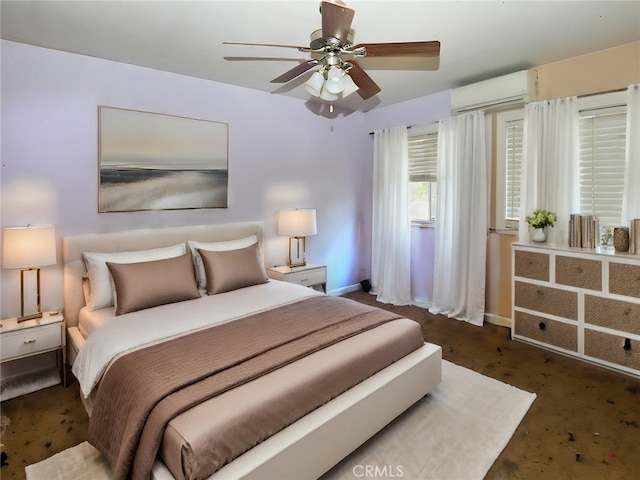 bedroom featuring dark carpet, ceiling fan, and a wall mounted air conditioner