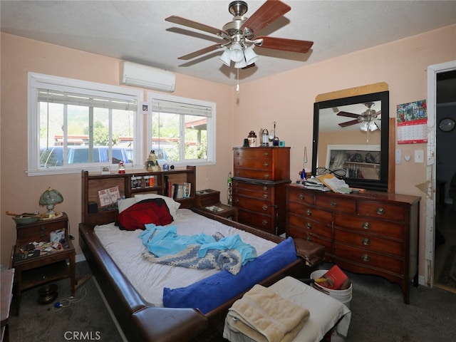 carpeted bedroom with ceiling fan and an AC wall unit