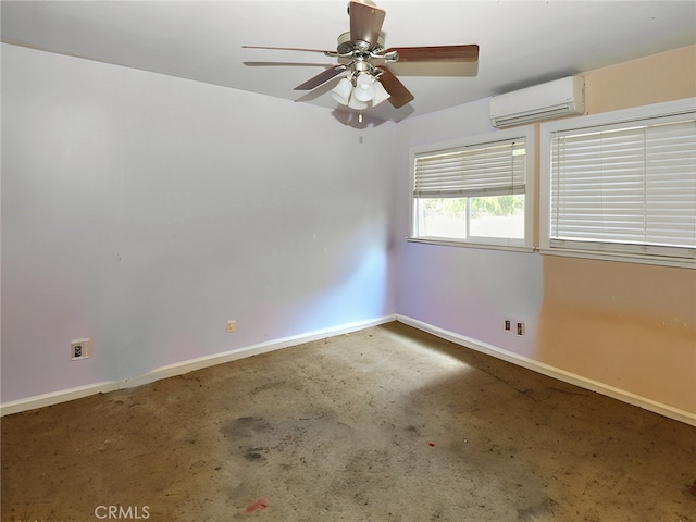 carpeted empty room with a wall unit AC and ceiling fan