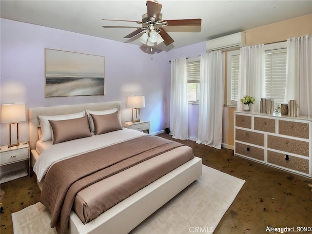 bedroom with dark colored carpet and ceiling fan