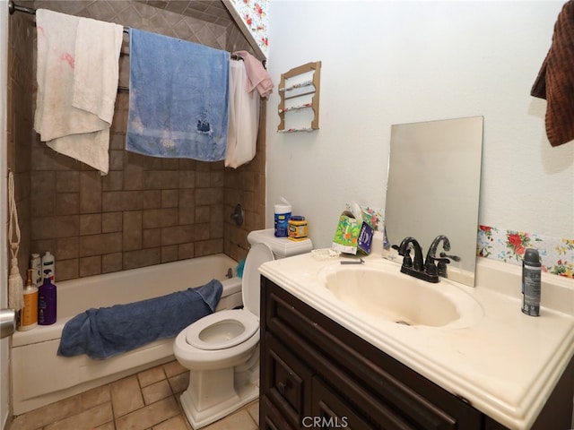 full bathroom featuring vanity, toilet, shower / tub combo, and tile patterned floors