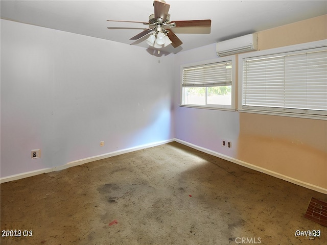 unfurnished room with ceiling fan, a wall mounted air conditioner, and carpet floors