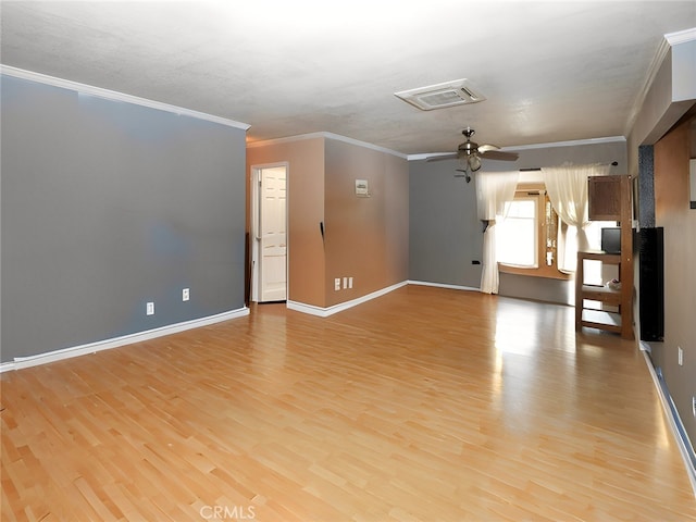 unfurnished living room featuring ornamental molding, light hardwood / wood-style flooring, and ceiling fan