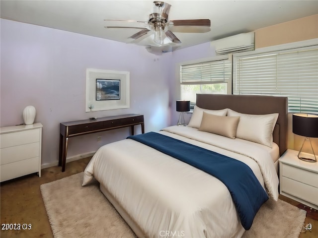 carpeted bedroom featuring ceiling fan and an AC wall unit