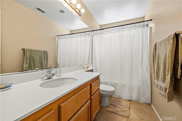 bathroom featuring visible vents, toilet, shower / bath combo, tile patterned flooring, and vanity