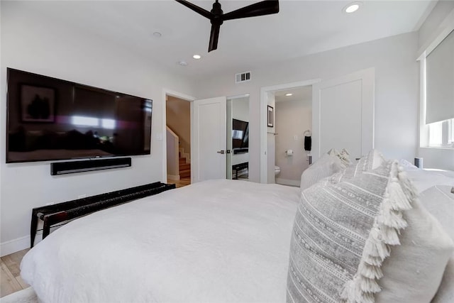 2151 S W View St, Los Angeles, CA 90016 - bedroom featuring recessed lighting, ensuite bath, wood finished floors, and a ceiling fan