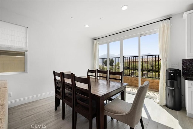 dining area featuring a mountain view and light hardwood / wood-style flooring