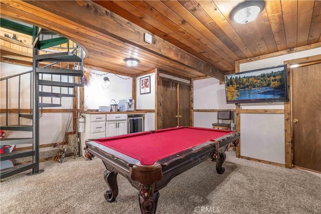 rec room featuring carpet flooring, wood ceiling, and pool table