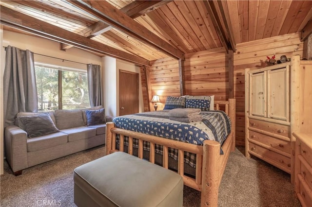 bedroom featuring dark colored carpet, vaulted ceiling with beams, wood ceiling, and wooden walls