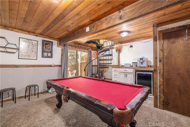 rec room featuring wooden ceiling, wine cooler, bar, pool table, and light colored carpet