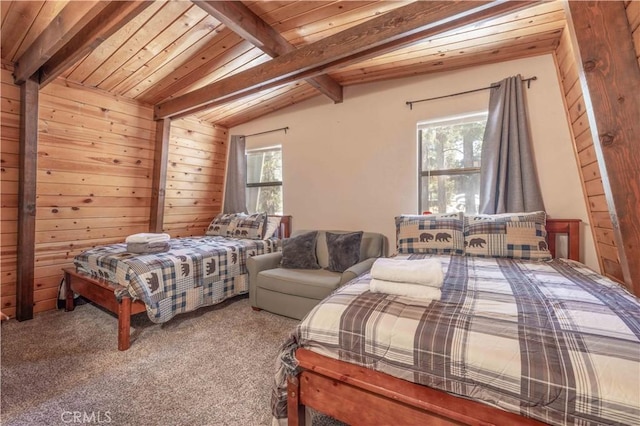 carpeted bedroom featuring vaulted ceiling with beams, wooden walls, and multiple windows