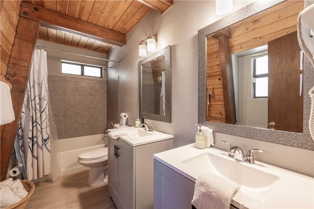 full bathroom with wooden ceiling, shower / bath combo, beamed ceiling, toilet, and hardwood / wood-style flooring