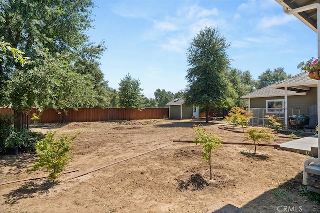 view of yard featuring a storage shed