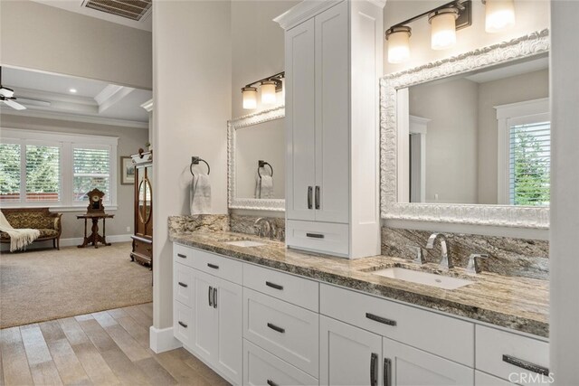 bathroom with a raised ceiling, a sink, crown molding, and visible vents