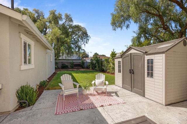 view of patio with a shed