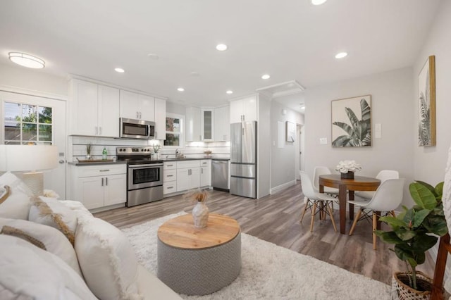 living room featuring sink and light hardwood / wood-style floors