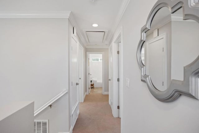 hallway with crown molding and light colored carpet