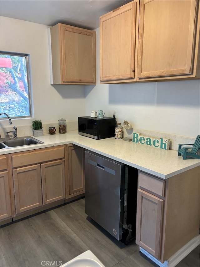 kitchen with appliances with stainless steel finishes, sink, and dark hardwood / wood-style flooring