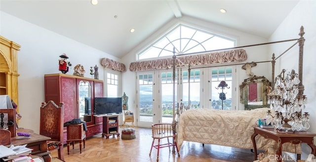 bedroom with parquet floors, french doors, and multiple windows