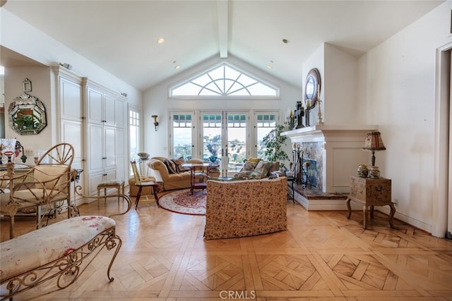 living room featuring beamed ceiling, high vaulted ceiling, light parquet flooring, and french doors