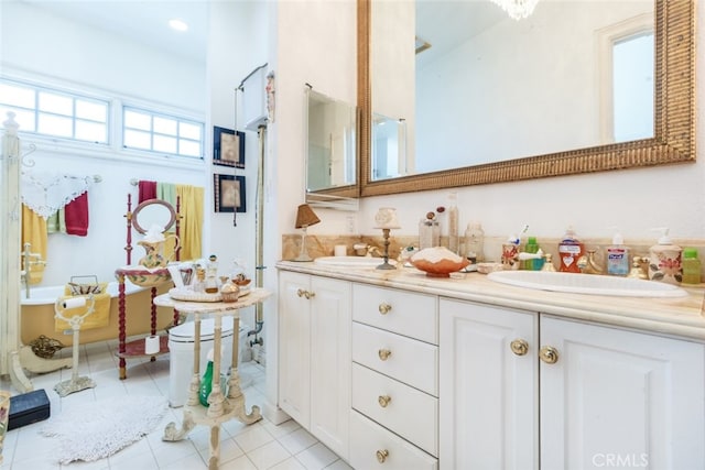 bathroom featuring dual bowl vanity and tile patterned flooring