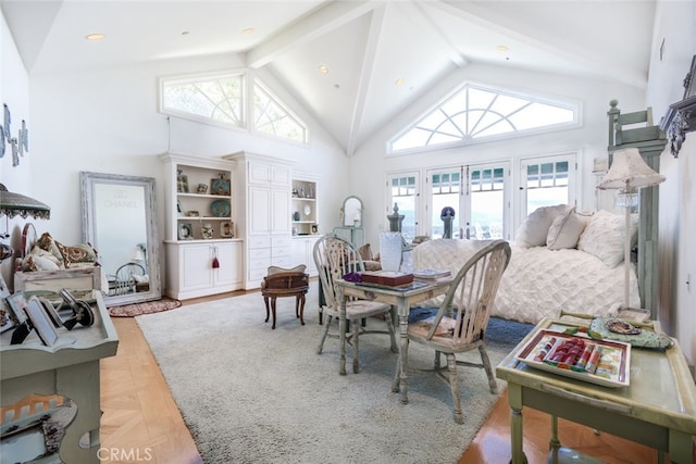 dining room featuring light parquet floors, high vaulted ceiling, french doors, and beam ceiling