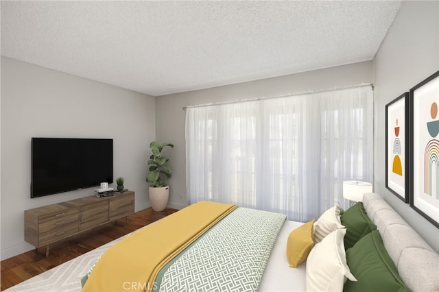 bedroom with a textured ceiling and dark hardwood / wood-style flooring