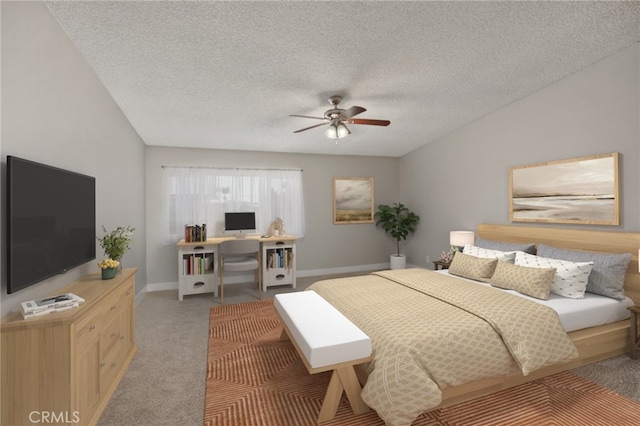 bedroom featuring a textured ceiling, ceiling fan, and carpet flooring