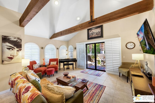 tiled living room with beam ceiling and high vaulted ceiling