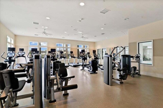 gym featuring ceiling fan