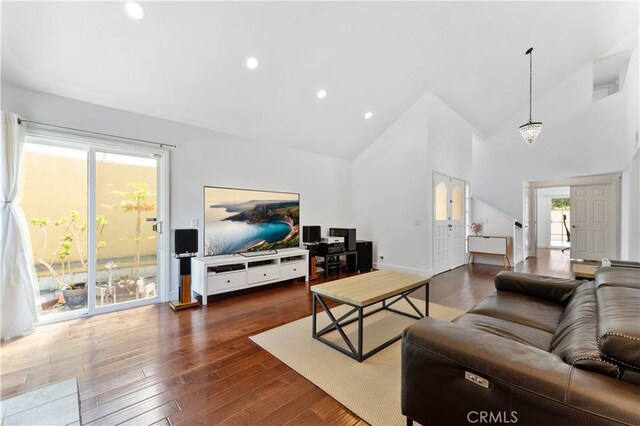 living room featuring high vaulted ceiling and dark hardwood / wood-style floors