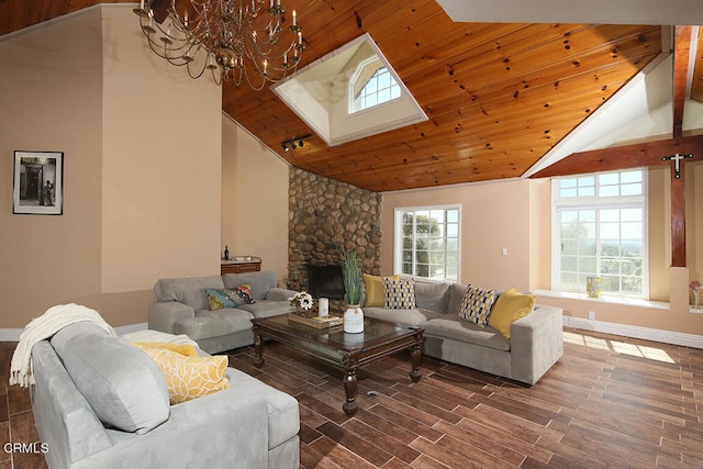 living room with wooden ceiling, a healthy amount of sunlight, and a stone fireplace